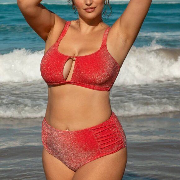 BERLOOK Red Lurex Plus Size Bikini Set Size 16 | NWT | Sparkly Cut Out - Picture 5 of 5
